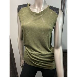 Med, Olivia Moon army green with black quilted vegan leather shoulder detail.
